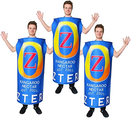 Disfraz de cerveza para adultos, tamaño grande, azul y amarillo con cangarú, para hombre, mujer, disfraz ideal para noches de palo (tamaño único, paquete de 3)