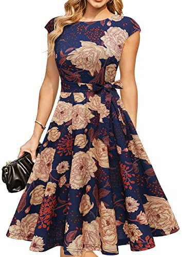DRESSTELLS Robe Cocktail Mariage Vintage Robe Casual Femme Robe de Soiree Femme Robe baptême col Rond Manches Courtes Fleur Jaune Marine L