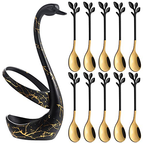 AnSaw Small Coffee Spoon Holder Set,Black Swan Base With 10 Pcs Black & Gold Demitasse Espresso Spoons Set,4.7 Mini Leaf Dessert Spoon,Stainless Steel Tea Spoons