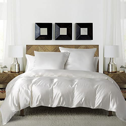 Luofanfei Bettwäsche 135x200cm 4teilig Weiß Creme Satin Glänzend Seide Einfarbig Bettwäsche Set Glatt Luxus Glanzsatin Polyester Bettbezüge Set Einzelbett und Kissenbezüge 80x80 cm