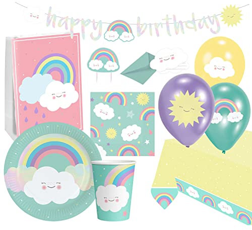 amscan 9050 0369-66 – Kit, 61 pièces, Vaisselle jetable & décoration, Arc-en-Ciel, Nuage, Soleil, Anniversaire d'enfant, fête à thème, Multicolore, Moyen