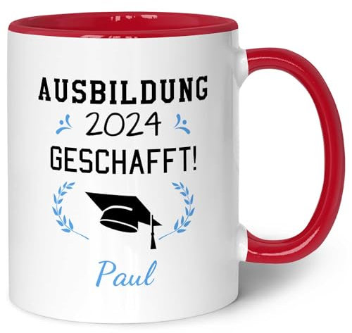 Bedruckte Tasse mit Spruch - Examen geschafft - Geschenk zum Abschluss oder Sieg - Geschenk für Studenten Schüler Sportler Freunde zum Erfolg - für Sie & Ihn - Rot