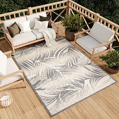 TAPISO Viera Teppich Outdoor Creme Grau Palmen Loop-Teppich Terasse Balkon Indoor Wasserabweisend Strapazierfähig UV-Beständig ÖKO-TEX 120 x 170 cm