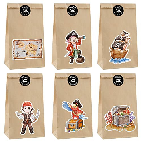 COLOFALLA 12 Stück Geschenktüten Kraftpapier 40 pcs Piraten Aufkleber Sticker Piraten Deko Kindergeburtstag Party Mitgebsel Papiertüten für Piratenparty Geburtstag