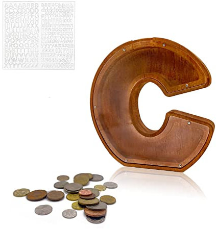MEDOYOH Groß C Spardose Holz Buchstabe, 23CM/9IN Buchstaben Spardose Holz Alphabet Sparbox Münzen Sparschwein Hochzeit für Erwachsene Kinder Geburtstagsgeschenk