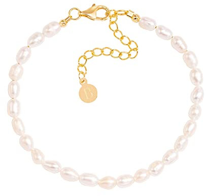 Brandlinger Perlenarmband Damen Silber 925. Armband Perlen vergoldet mit 18 Karat Gold, Schmuck für Frauen und Mädchen. Länge verstellbar 16-20cm. (Kleine Perlen)