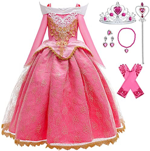 LiUiMiY Ragazze Aurora Costume Maxi Vestito Principessa Bambina Bella Addormentata con Accessori Compleanno Carnevale Natale, 3-4 Anni (Etichetta 110)