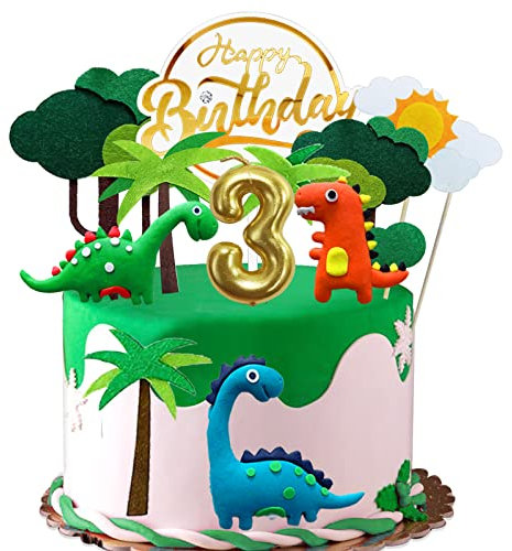 Dino Tortendeko 3 Jahre Junge - Kuchendeko Dinosaurier Mit Geburtstagskerze, Happy Birthday Dinosaurier Dekoration für 3. Geburtstag
