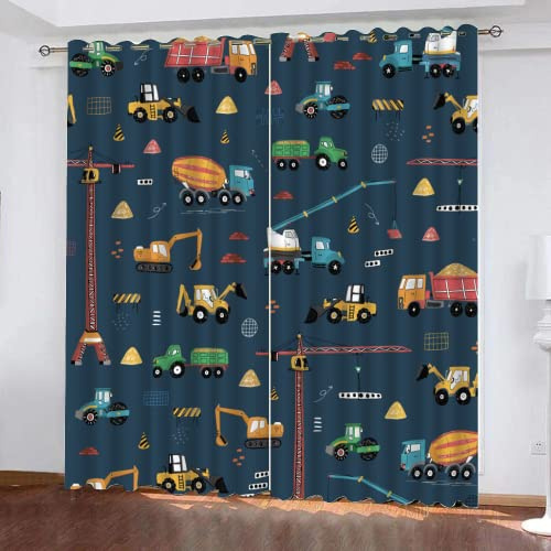 TEMLAN Baufahrzeug Verdunklungsvorhänge Bagger Blickdichte Gardinen 2Er Set, Thermo Vorhänge Für Schlafzimmer Wohnzimmer Kinderzimmer Küche Fensterdekoration (117 x 137cm)