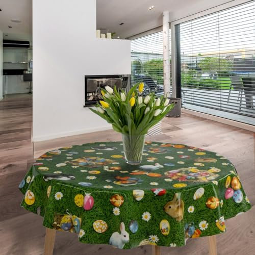 laro runde 140 cm wachstuchtischdecke wachstischdecke abwashbar PVC tischdecke Wachstuch wasserabweisend Garten tischdecke, Muster:Ostern Hase Eier