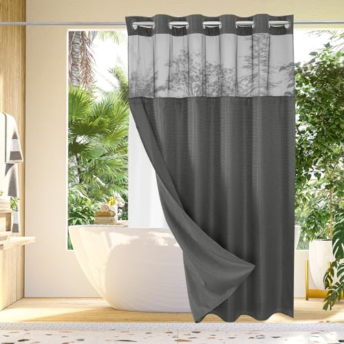Gibelle Duschvorhang ohne Haken, Waffelgewebe, mit Stoffeinsatz, für Badezimmer, Hotelstil mit Netzfenster, wasserdicht und waschbar, Anthrazit, 183 x 188 cm