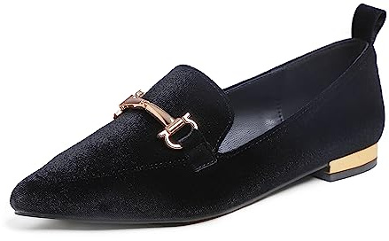 Feversole Loafer Flat Pointed Fashion Platt spets, platta skor, klassiska ballerinaskor profilsula, Svart sammet, 39 EU