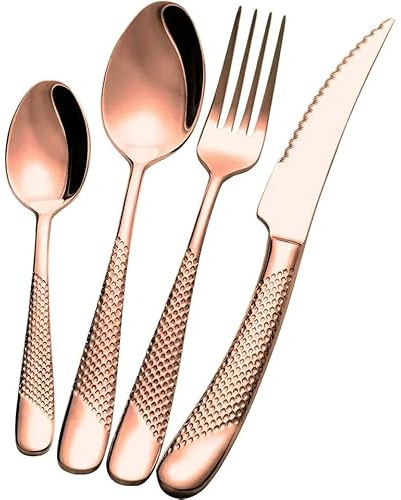 Exeton Luxury Signature Cutlery Set, for 1 Person (4PCS), Stainless Steel 18/8, Silver, Gold, 2-in-1 Steak Knives, Dishwasher Safe (Signature - Rose Gold, 4)