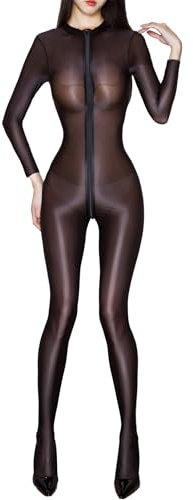Choomomo Damen Wetlook Body Langarm Bodysuit Nylon Overall Ganzanzug Einteiler Jumpsuit Ballett Trikot Tights Leggings Hose Party Sport Clubwear Schwarz Einheitsgröße