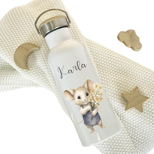 Kinder Trinkflasche mit Namen für Mädchen und Jungen personalisiert/Edelstahl Thermosflasche für Kita Schule als Geschenk | Manufaktur Liebevoll (Maus)