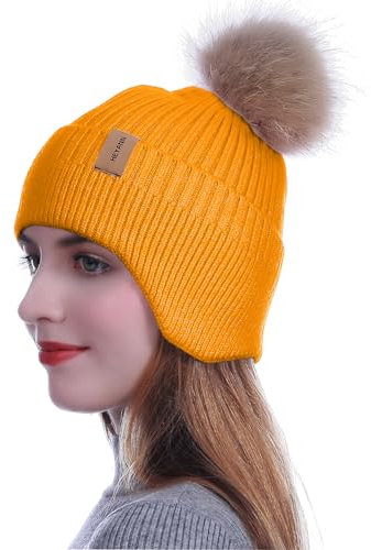 HEYANN Mütze Damen mit Ohrenklappe,Wintermütze Herren Strickmützen für Damen Fahrradhelm Beanie Hut Unisex Winter Beanie Hut Outdoor Skimütze für Männer und Frauen (Gelb)