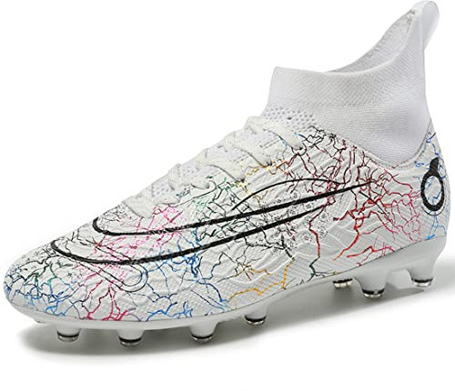 PiDaGlobal Chaussures de Football Homme Professionnel Crampons Antidérapants pour l'entraînement Adolescents High Top Chaussures de Sport Athlétisme compétition 36EU Blanc