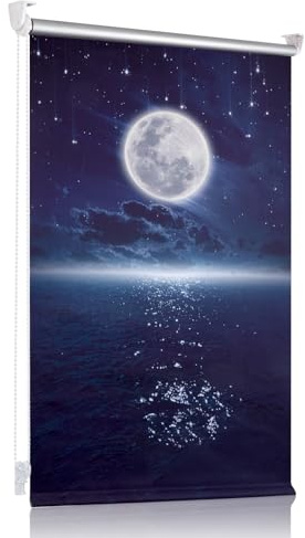 Verdunklungsrollo ohne Bohren/mit Bohren Thermorollo klemmfix Mond und Sterne Fluoreszierend B85 x H120 cm (Stoffbreite 80cm) Blau, Hitzeschutz und Sichtschutz, Wandmontage