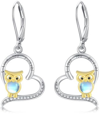 MEDWISE Eulen Ohrringe Mädchen 925 Sterling Silber Herz Ohrringe Hängend Eulen Mondstein Ohrringe Eulen Schmuck für Mädchen Kinder Damen Mutter Freundin