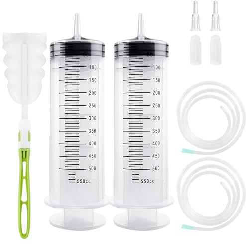 Samulee Siringhe 550ml + 550ml, Siringa Plastica, Siringa Grande con Tubo Flessibile e Spazzola di Pulizia in Spugna per Olio motore, Laboratori, Giardini, Alimentazione Animale, Rcerca Scientifica