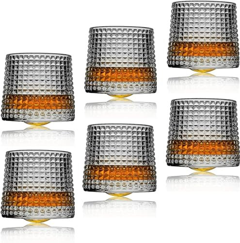 Sthrucrack Whiskygläser, drehbar, Dekompression, altmodisches Set mit 2 Gläsern für Bourbon Scotch Rum (6 Stück, kariert, 300 ml)
