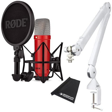 Rode NT1 Signature Red Microphone de studio rouge, trépied PSA1 W Plus à bras articulé blanc, chiffon en microfibre Keepdrum