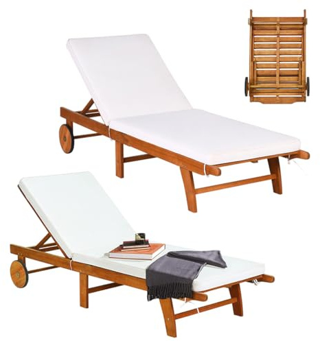 GOPLUS Lot de 2 Bain de Soleil Pliante en Bois d'Ecualyptus, Transat Jardin Extérieur avec Dossier Réglable 6 Positions, 2 Roues, 195 x 68 x 30-90 CM, Coussin Amovible, Idéal pour Balcon, Piscine