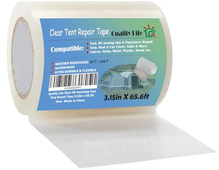 Quality Life RV Awning Repair Tape，Clear Tent Repair Tape Waterproof, for Tarp,Canvas，Boat Covers, Sail, Heavy Duty High Adhesive - 3.15in x 65.6ft