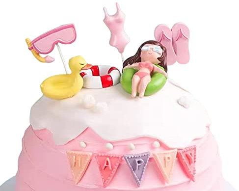 BEAHING 6Pcs Summer Cake Topper Swimming Pool Cake Decoration Beach Cake Toppers Hawaiian Beach Themed Cake Decoration for Birthday Party Supplies, summer cake decoration