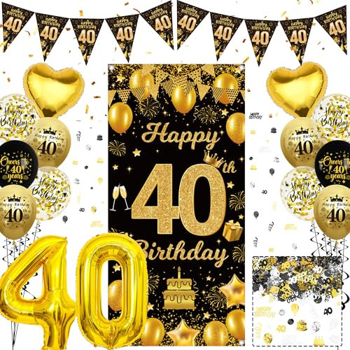 Kiikinlokk 40th Birthday Decorations for Women and Men - Black Gold Door Banner, Triangle Bunting Flag, Balloons and Confetti - Happy 40 Years Old Theme Party Supplies