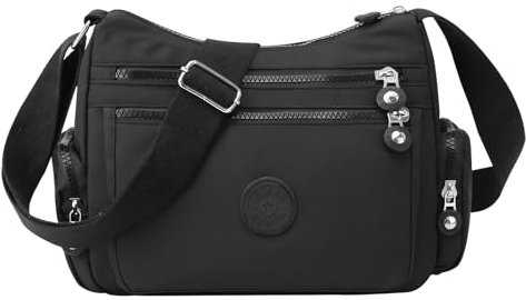 Shengxi Umhängetasche für Damen Wasserdicht Nylon Crossbody Bag Mittelgroß Handtasche Damen Leichte Schultertasche mit Breitem Schultergurt Messenger Bag für Einkaufen Reisen (Schwarz)