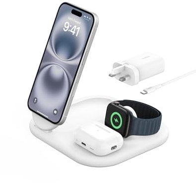 Belkin BoostCharge 3-in-1 Magnetic Foldable MagSafe Charger with Qi2 15W - Compatible Fast Charge for iPhone 16, 15, 14, Apple Watch, AirPods with Non-Slip Base, PSU Included - White