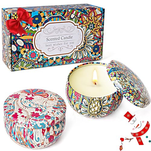 Weihnachten Duftkerzen Geschenke für Frauen, Kleine Duftkerze Geschenkset Aromatherapie Sojawachs Kerzen mit Zitrone Jasmin,Geschenk Kit für Adventskalender Geburtstag Valentinstag Muttertag 2x 2,5 OZ