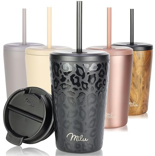 Milu Thermobecher 400ml - 100% Auslaufsicher - Edelstahl Kaffeebecher to go isoliert mit Strohhalm hält 10h heiß / 20h kalt, BPA-frei (Black Leopard, 400ml)