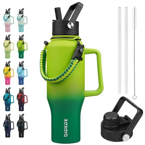 BJPKPK Insulated Water Bottles with Straw Lid, 35oz Metal Water Bottle with 2 lids & Paracord Strap, Double Wall Stainless Steel Tumbler with Handle, Reusable Cups, Mugs, Thermos, Bamboo Grove