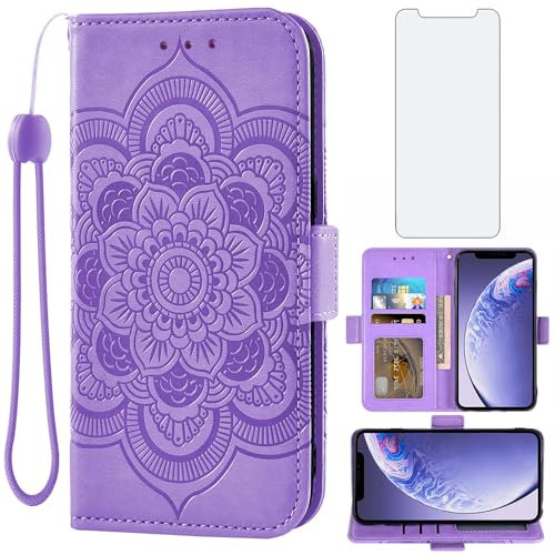 Asuwish Handyhülle für iPhone 11 Hülle mit Glas Folie Schutzfolie Kartenfach Klappbar Leder Geldbörse Ständer i Phone11Hülle 11Hülle Handy Hüllen Mandala Schutzhülle Panzerfolie Cover Phone Case Lila