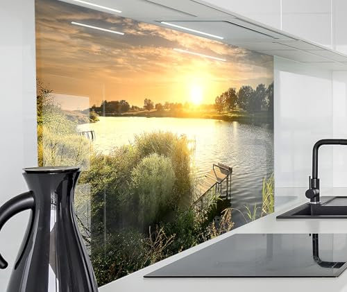 timalo Spritzschutz Wand für Herd, Küche Küchenrückwand Glasoptik | Acryl Glas 2mm | Glasrückwand Acrylglas Wandpaneele Rückwandschutz Platte | 100x50cm See Abend Wald