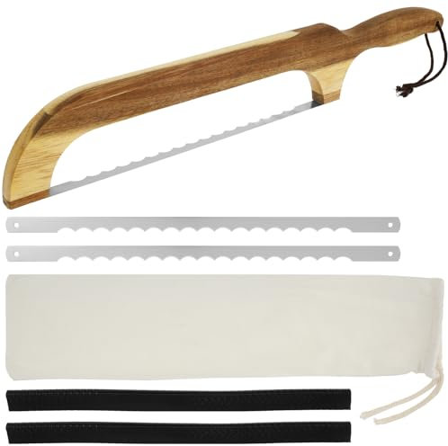 NIHUIFDPY Cortador de pan, sierra de arco para cortar pan con 2 cuchillas de acero inoxidable, cortador de pan de masa madre portátil con mango de madera, cortador de pan para bagels caseros,