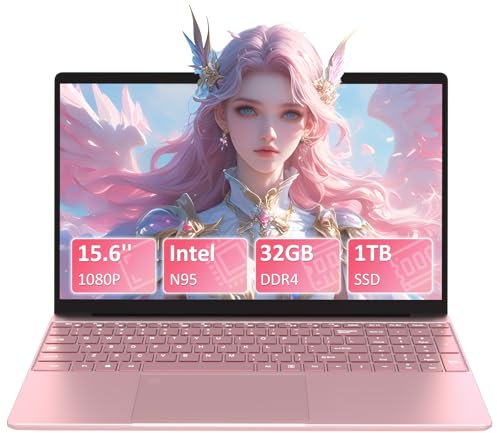 Auusda 15,6 Zoll Full-HD Laptop, 32 GB DDR4 RAM 1TB SSD, N95 Up to 3.4GHz with Fingerprint Unlock Notebook, Cooling Fan, Webcam, Dual Speakers, Mini HDMI, Student/Business Laptop - Rosa