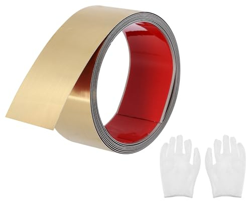 QUARKZMAN Baguette de Moulure Murale Auto-Adhésive 2 Pouces x 9,8 Pieds | en Acier Inoxydable, Moulure Décorative pour Miroir Mural, Finition Dorée Brossée à Coller, avec Gants