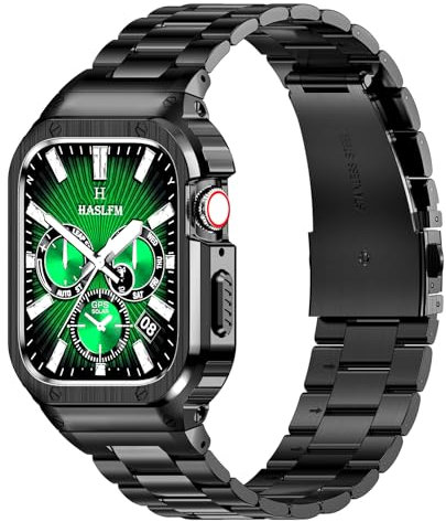 Correa de acero inoxidable con carcasa compatible con Apple Watch Series 10 de 46 mm, correas de metal resistente para iWatch y funda protectora para Apple Watch Series 10 46 mm, color negro