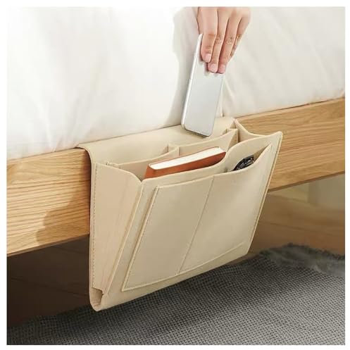 GreatRise Betttasche zum Einhängen Filz Bett Organizer Anti-Rutsch Aufbewahrungstasche Bettablage Zeitungsständer Sofa-Nachttisch Hängeaufbewahrung Tasche für Handy iPad Fernbedienung Beige