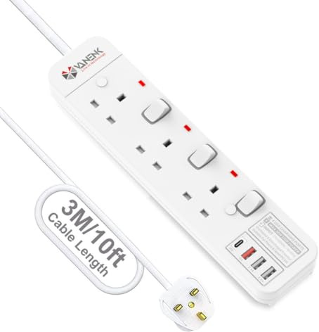 VANENIK Extension Lead 3M with 4 USB C Ports, 20W PD Fast Charging, Child Safety Shutter, Surge Protection & Fire-Resistant Housing (3 Gang)