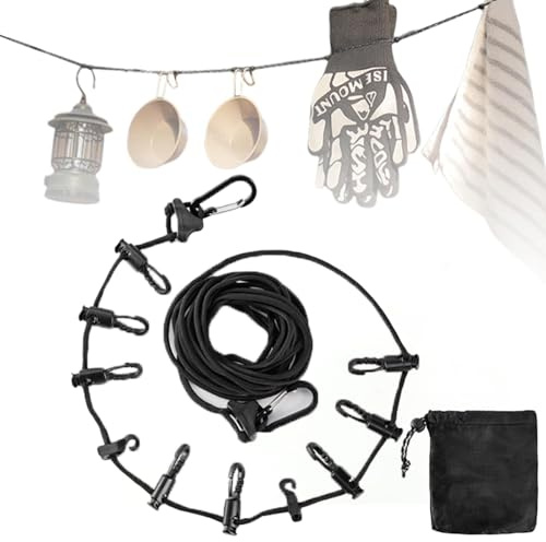 Tendedero de viaje de 5 m con 10 ganchos, tendedero de camping, accesorios para baño, lavandería, jardín o viaje para colgar su equipo de camping (negro) (negro A)
