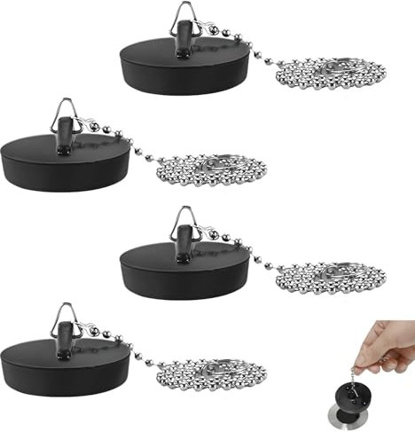4 tappi di scarico, tappi per lavandino, con catena, colore nero, per vasca da bagno, 4 cm