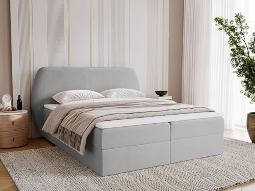 GRAINGOLD Bogota Bett 180x200, Boxspringbett mit Bettkasten, Polsterbett mit Bonell-Matratze, Samt Stoff, mit Topper, mit Kopfteil (Hellgrau, 180x200)