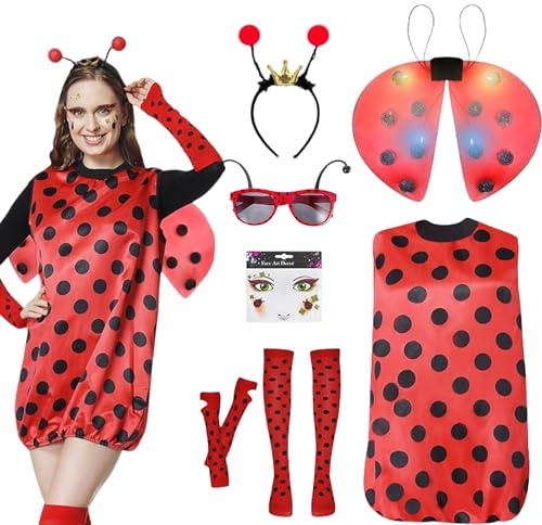 JrnSvp Ladybug Kostüm Mädchen, Halloween Kostüm Damen, 9 Stück Rot Mit Glühende Flügel und Haarbänder Lady Bug kostüm, Ladybug Party Outfit für Karneval Dress Up Party Cosplay