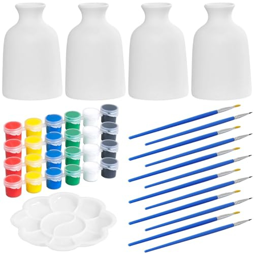 Keramik-Malset für Erwachsene, 4-teilig, Vasen-Set, weiß, 8 cm, mit 6 Farben, 2 Pinseln, Blütenblatt und Palette, DIY-Malerei, Keramik-Set, Heimkunst-Set zum Dekorieren und Entspannen