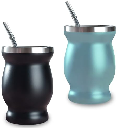 WIYETY 2 Stück Mate Becher: Mate Tee Becher Set mit Löffel und Reinigungsbürste, Doppelwandig Yerba Mate Tee Set, Isoliert Edelstahl für Büro, Auto und Reisen, Schwarz+Grün