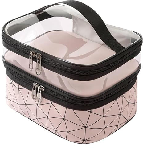 Large Capacity Double Layer Makeup Bag Portable Toiletry Bag with Compartment Travel Makeup Bag for Women Travel Essentials (Pink 23x17x16cm)